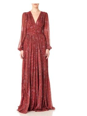NWT AMUR Gemini Silk Chiffon Maxi Dress Antique Red Paisley Size 2 $898